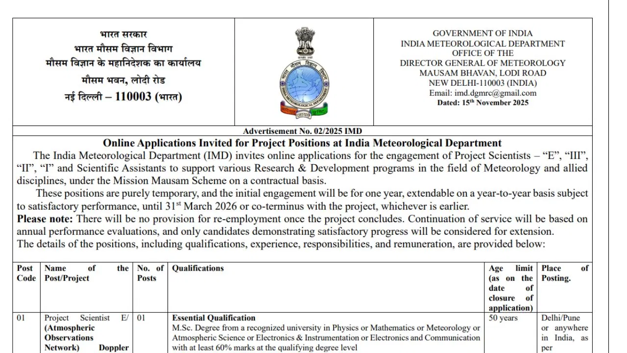 IMD Jobs 2025: मौसम विभाग में सरकारी नौकरी, बिना एग्जाम मिलेगी नियुक्ति, सैलरी 1.23 लाख रुपये तक मिलेगी IMD Jobs 2025: मौसम विभाग में सरकारी नौकरी, बिना एग्जाम मिलेगी नियुक्ति, सैलरी 1.23 लाख रुपये तक मिलेगी