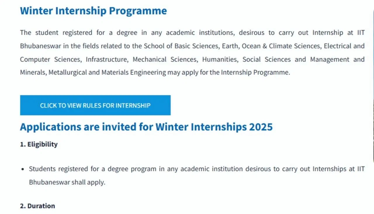 Internship: IIT भुवनेश्वर ने शुरू किया विंटर इंटर्नशिप प्रोग्राम 2025, कौन कर सकता है आवेदन? Internship: IIT भुवनेश्वर ने शुरू किया विंटर इंटर्नशिप प्रोग्राम 2025, कौन कर सकता है आवेदन?