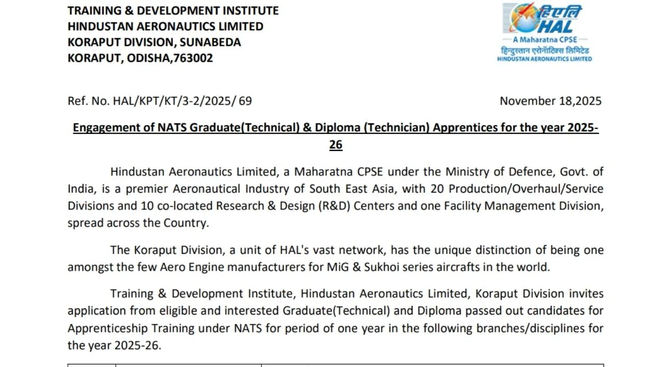 HAL Apprentice 2026: हिंदुस्तान एयरोनॉटिक्स में अप्रेंटिस का मौका, स्टाइपेंड-हॉस्टल सुविधा मिलेगी, जानें कैसे होगा चयन HAL Apprentice 2026: हिंदुस्तान एयरोनॉटिक्स में अप्रेंटिस का मौका, स्टाइपेंड-हॉस्टल सुविधा मिलेगी, जानें कैसे होगा चयन