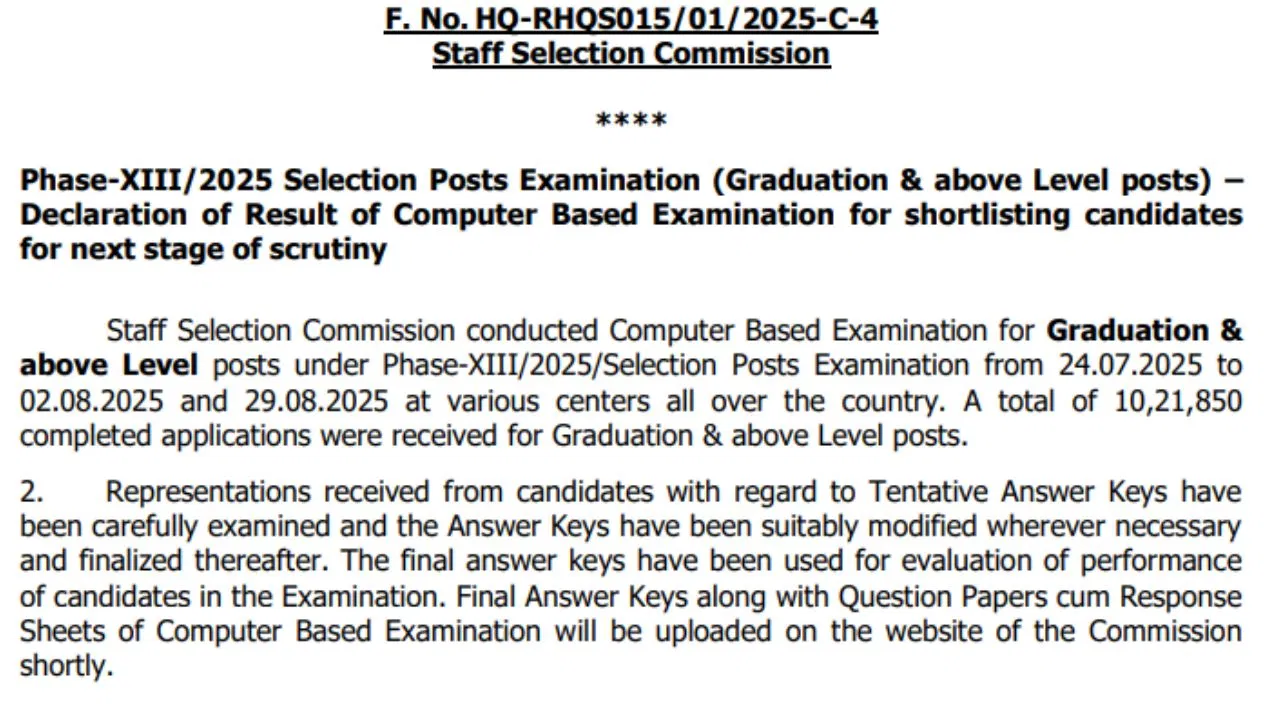 SSC सेलेक्शन पोस्ट फेज 13 भर्ती 2025 का रिजल्ट घोषित, जानें कितने अभ्यर्थी हुए सफल SSC सेलेक्शन पोस्ट फेज 13 भर्ती 2025 का रिजल्ट घोषित, जानें कितने अभ्यर्थी हुए सफल