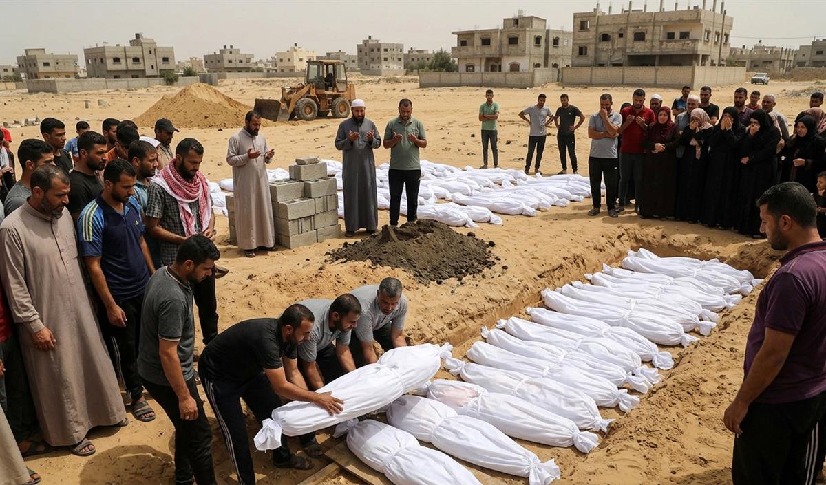 Gaza में 2023 के Israel हमले के मलबे से मिले 112 शवों का अंतिम संस्कार Gaza में 2023 के Israel हमले के मलबे से मिले 112 शवों का अंतिम संस्कार