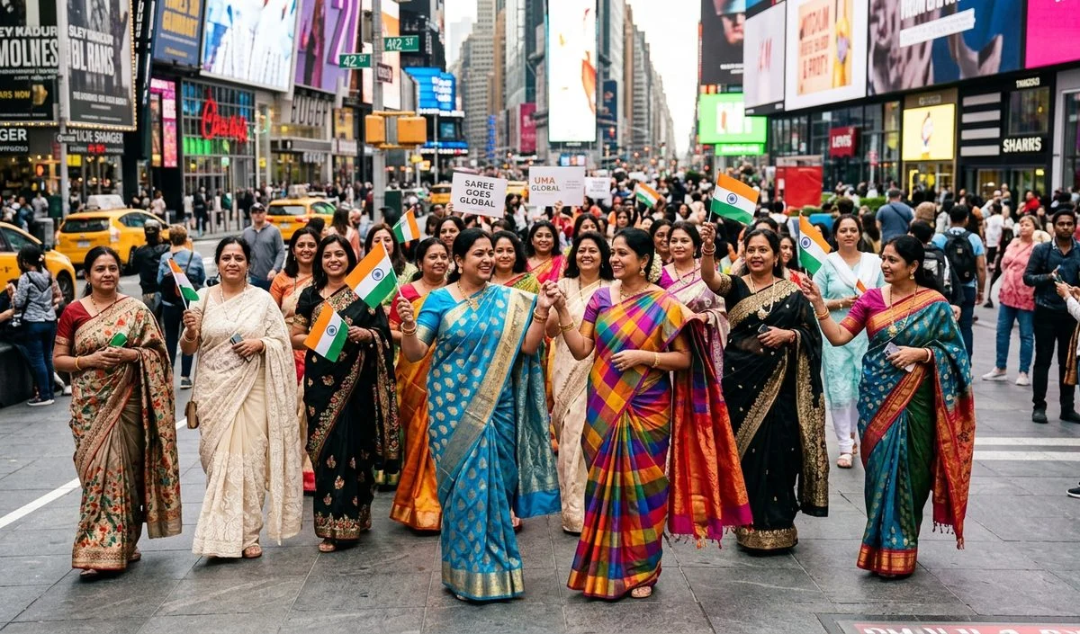 Times Square पर भारतीय महिलाओं ने बिखेरे Saree के रंग, ‘साड़ी गोज ग्लोबल’ का हुआ आयोजन Times Square पर भारतीय महिलाओं ने बिखेरे Saree के रंग, 'साड़ी गोज ग्लोबल' का हुआ आयोजन