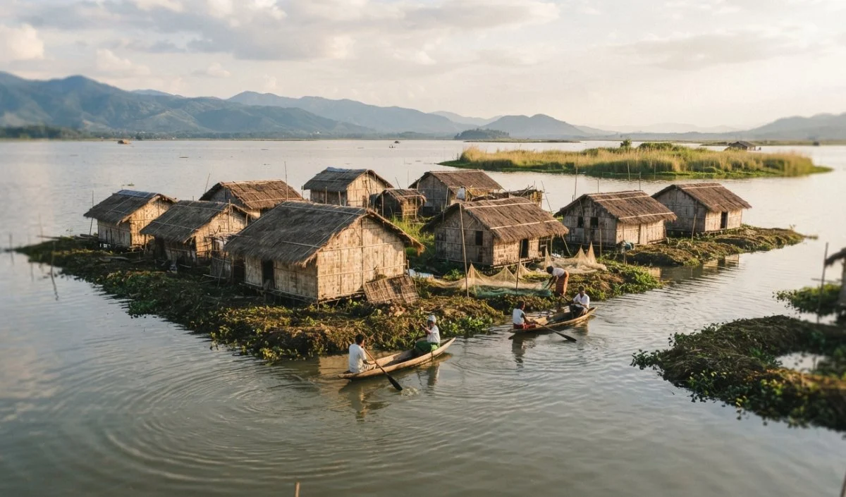 Manipur के Loktak Lake पर बसा Floating Village Champu Khangpok पानी पर तैरता है Manipur के Loktak Lake पर बसा Floating Village Champu Khangpok पानी पर तैरता है