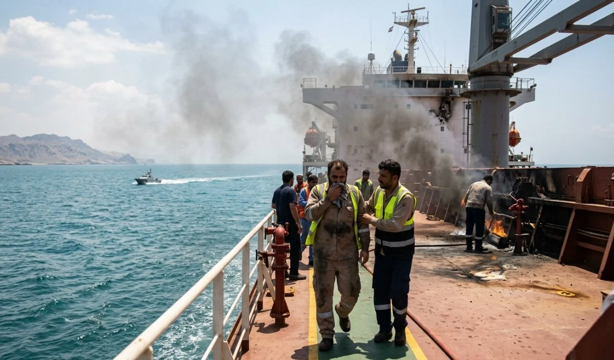 US Contracted Vessel Hit Iran | होर्मुज जलडमरूमध्य में महासंग्राम! ईरान ने US जहाज पर दागीं मिसाइलें और ड्रोन, अमेरिकी कर्मी घायल US Contracted Vessel Hit Iran | होर्मुज जलडमरूमध्य में महासंग्राम! ईरान ने US जहाज पर दागीं मिसाइलें और ड्रोन, अमेरिकी कर्मी घायल
